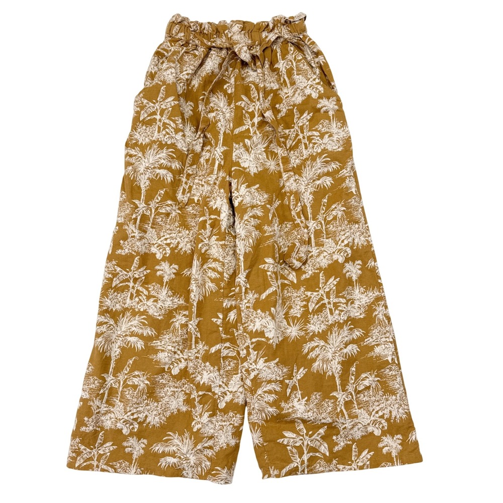 American Eagle Crop Pants XS Yellow Linen Tropical Palm Tree Vacation Wide Leg